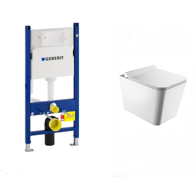 Inodoro Omnires Boston 53x36 sin reborde suspendido, asiento duroplast + instalación Geberit Duofix (458.126.00.1+ BOSTONMWBP)