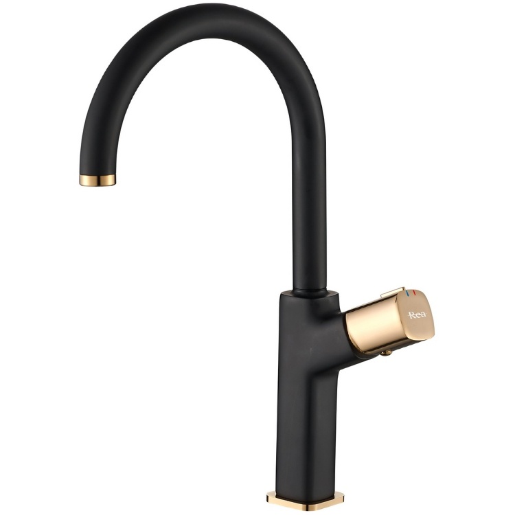 Mezclador de lavabo Rea Salto negro, dorado, alto (REA-B6351)