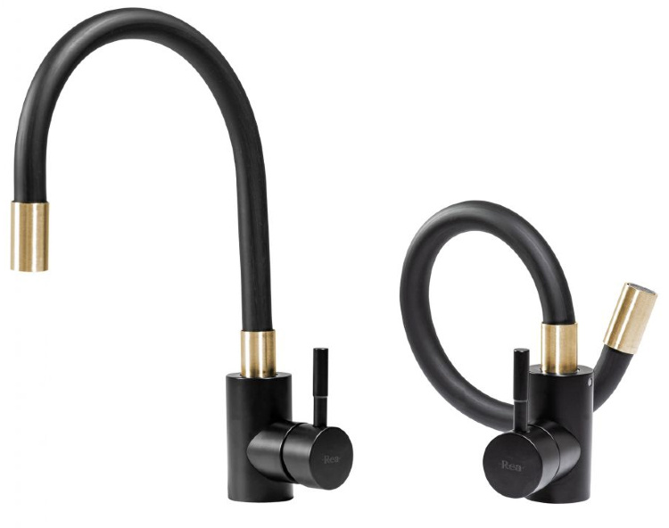 Grifo de cocina Rea Clever con caño curvo, negro/dorado (REA-B5219)